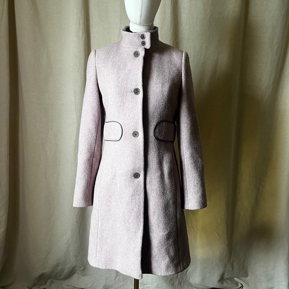 Vintage Y2K Via Spiga Pink Wool Stand Collar Coat Leather‎ Trim Size 8